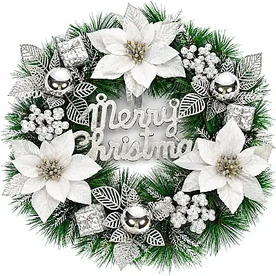 Yeni İl Venoku, Ağ-Gümüşü / Merry Chiristmas yazılı – Qapı və Dekor Bəzəyi, 30 sm (636-55) - 1